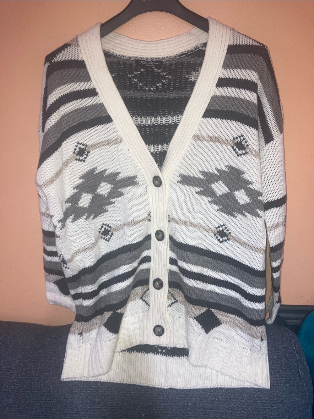 Streetwear Society V-Neck Aztec Stripe Button-Front Cardigan - White, Gray & Tan